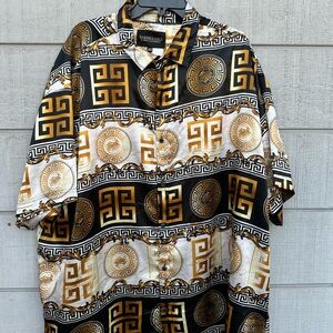 Mens Black Gold  Dress Shirt Luxury Baroque Print Casual Short Sleeve size 4X.